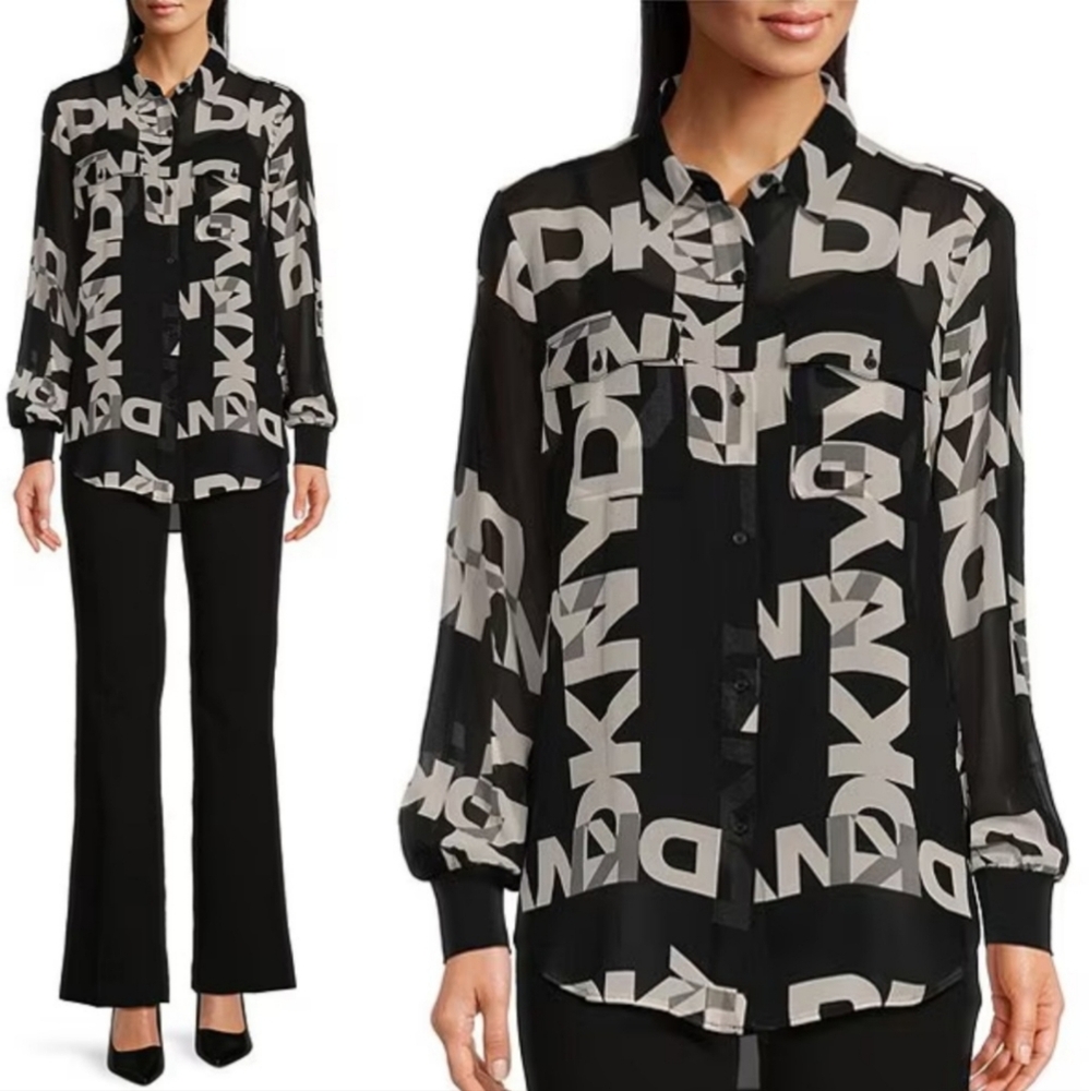 🆕️⬇️DKNY By Donna Karan Black And Ivory Logo Printed Chiffon Button Front Shirt